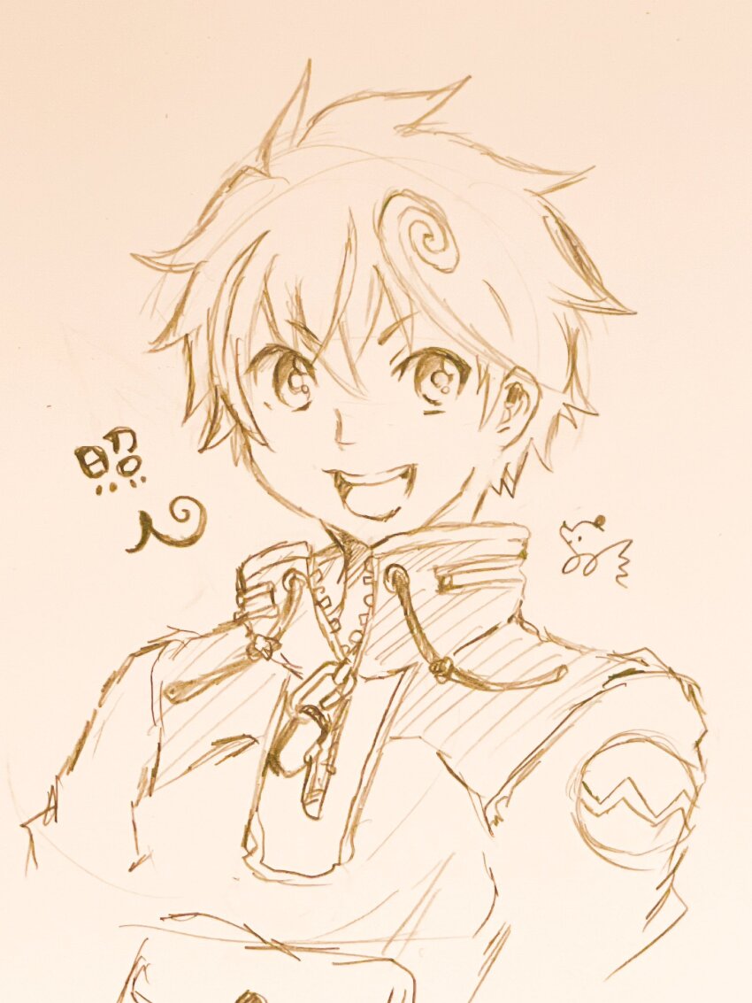 1boy digimon kazama_shoto looking_at_viewer male_focus monochrome open_mouth sketch smile solo teeth