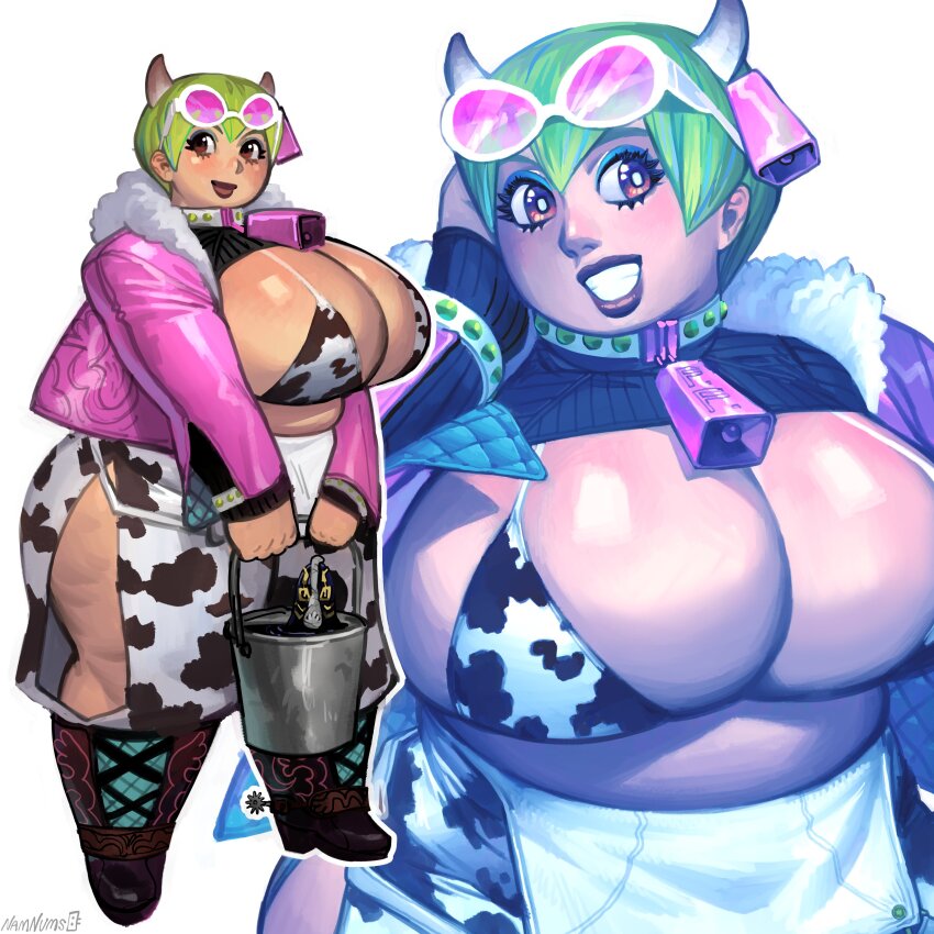 1girl absurdres animal_print boots bra breasts brown_eyes bucket cleavage clothes_lift collar cow_horns cow_print cowbell cowboy_boots eyeshadow fat fat_woman foo_fighters_(jojo) foo_fighters_(stand) green_hair highres horns huge_breasts jacket jojo_no_kimyou_na_bouken lipstick makeup namnums shirt_lift short_hair skirt stone_ocean sunglasses sunglasses_on_head thick_thighs thighs underwear