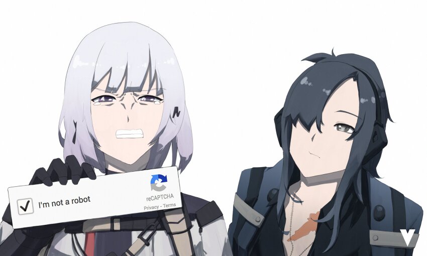 2girls angelia_(girls&#039;_frontline) angry black_hair captcha crying crying_with_eyes_open english_text girls&#039;_frontline grey_eyes grey_hair hair_over_one_eye highres i_am_a_surgeon_(meme) long_hair meme multiple_girls parody purple_eyes rpk-16_(girls&#039;_frontline) scar scar_on_chest short_hair tactical_clothes tears the_good_doctor variasii