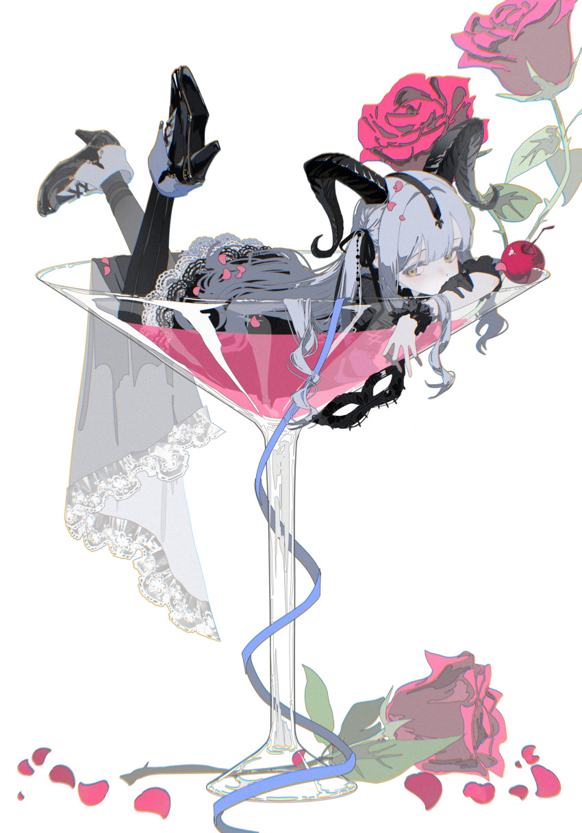 1girl absurdres arknights bang_dream! bang_dream!_it&#039;s_mygo!!!!! black_boots black_dress black_gloves black_horns black_ribbon blue_hair boots cherry cocktail cocktail_glass cup curled_horns dress drinking_glass flower food fruit full_body gloves hair_ribbon high_heel_boots high_heels highres holding holding_mask horn_ornament horn_ring horns in_container in_cup long_hair looking_at_viewer lying macha_bafei mask mini_person minigirl on_stomach partially_submerged petals red_flower red_rose ribbon rose sidelocks simple_background single_glove solo the_pose togawa_sakiko togawa_sakiko_(master_of_melodia) two_side_up white_background wrist_cuffs yellow_eyes