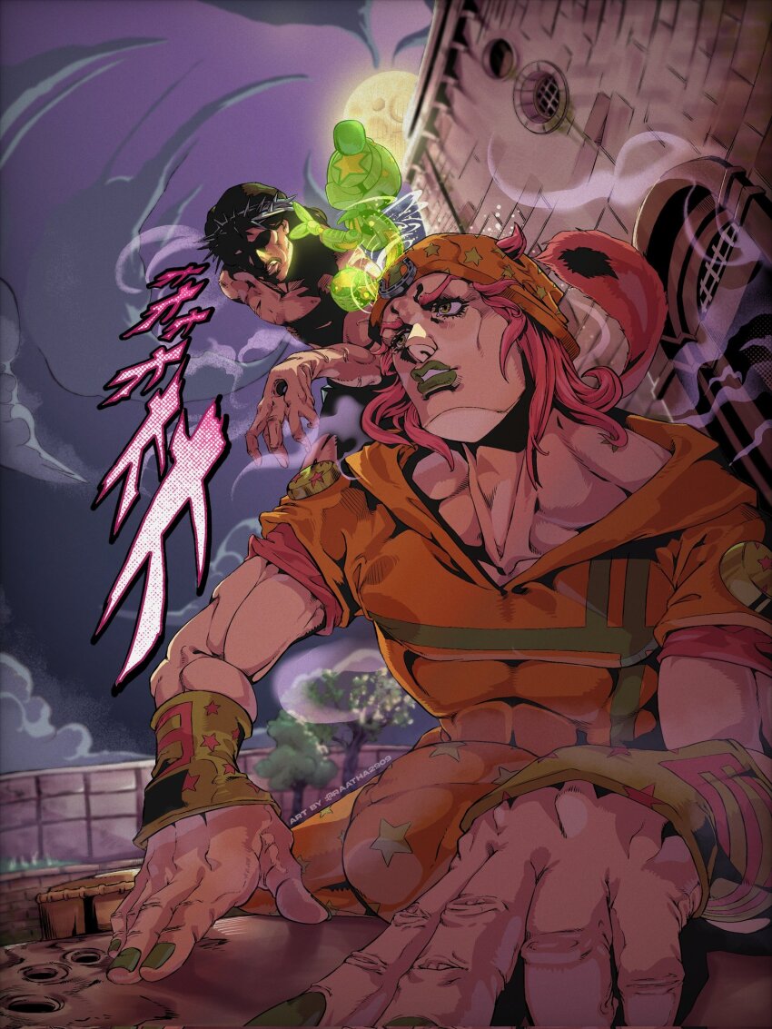 1other araki_hirohiko_(style) beanie cloud cloudy_sky colored_skin crown_of_thorns face_in_shadow facial_hair full_moon green_eyes green_lips green_nails green_skin hat highres hood hoodie jesus jojo_no_kimyou_na_bouken medium_hair moon multicolored_wristband mustache night on_floor orange_hat orange_hoodie orange_pants orange_sleeves pants pink_hair pink_sleeves raatha2909 short_sleeves sky stand_(jojo) star_(symbol) star_print steel_ball_run stigmata tree tusk_(stand) tusk_act2 two-tone_sleeves