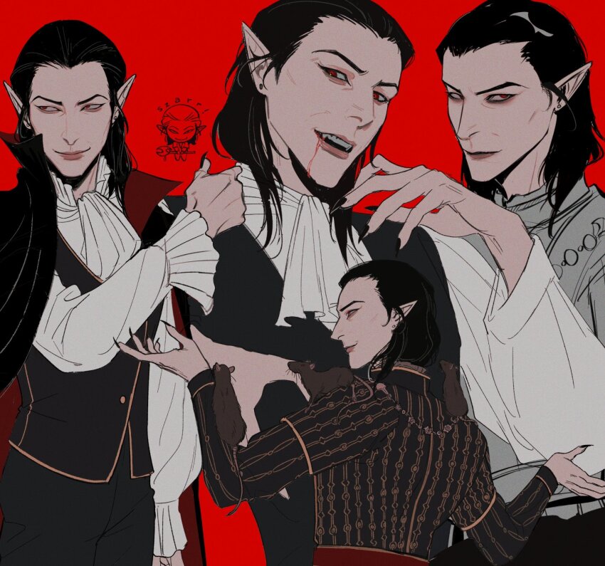 1boy alternate_costume baldur&#039;s_gate baldur&#039;s_gate_3 black_hair black_nails cazador_szarr dungeons_&amp;_dragons dungeons_&amp;_dragons earrings fingernails hair_slicked_back highres jewelry long_fingernails medium_hair multiple_views pointy_ears red_eyes vampire viol_vrt