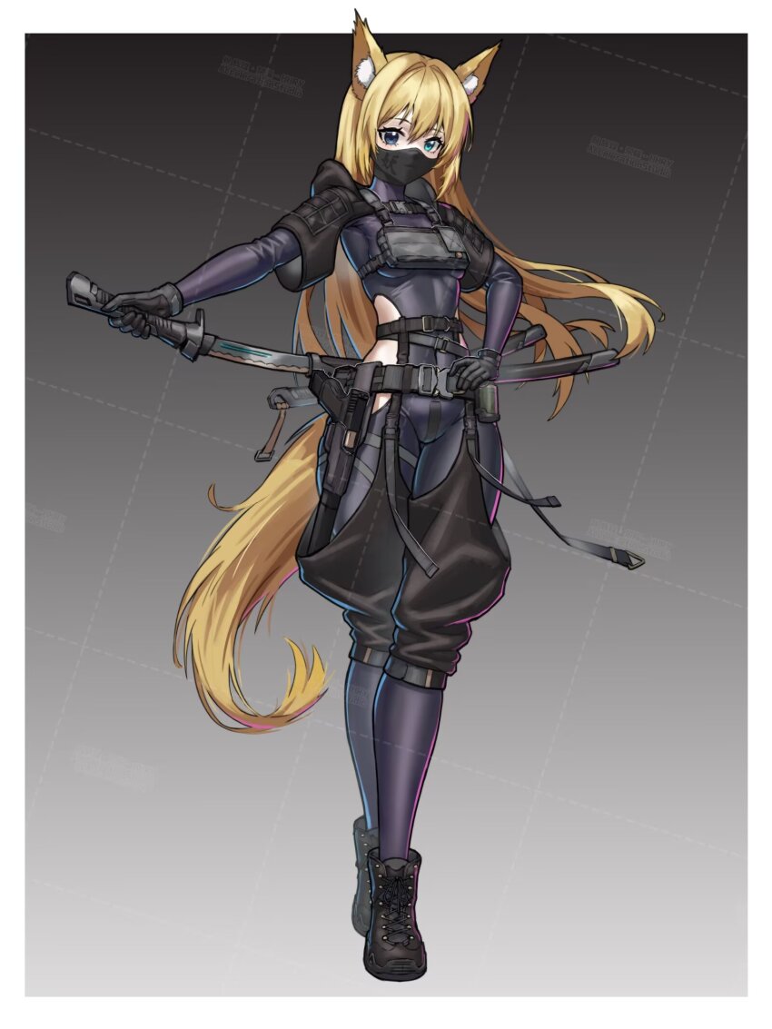 1girl belt black_boots black_eyes black_gloves blonde_hair blue_eyes bodysuit boots breasts clothing_cutout fox_girl full_body gloves gun handgun highres huihuang_rongyao looking_at_viewer mask military_combat_uniform military_uniform mouth_mask multicolored_eyes ninja original robot_girl sideboob skin_tight skindentation skinny small_breasts standing sword tactical_clothes thigh_gap underboob weapon