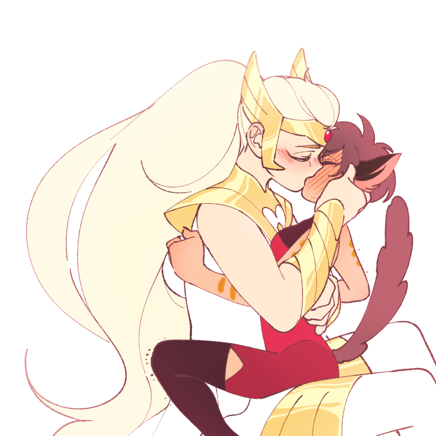 2girls adora_(she-ra) animal_ears arms_around_waist blonde_hair blush bracer cat_ears cat_girl cat_tail catra couple closed_eyes highres kiss long_hair masters_of_the_universe multiple_girls ponytail she-ra_and_the_princesses_of_power short_hair simple_background sitting sitting_on_lap sitting_on_person size_difference sleeveless spoilers su_ggushi surprised tail tall_female tiara very_long_hair white_background winged_hair_ornament yuri