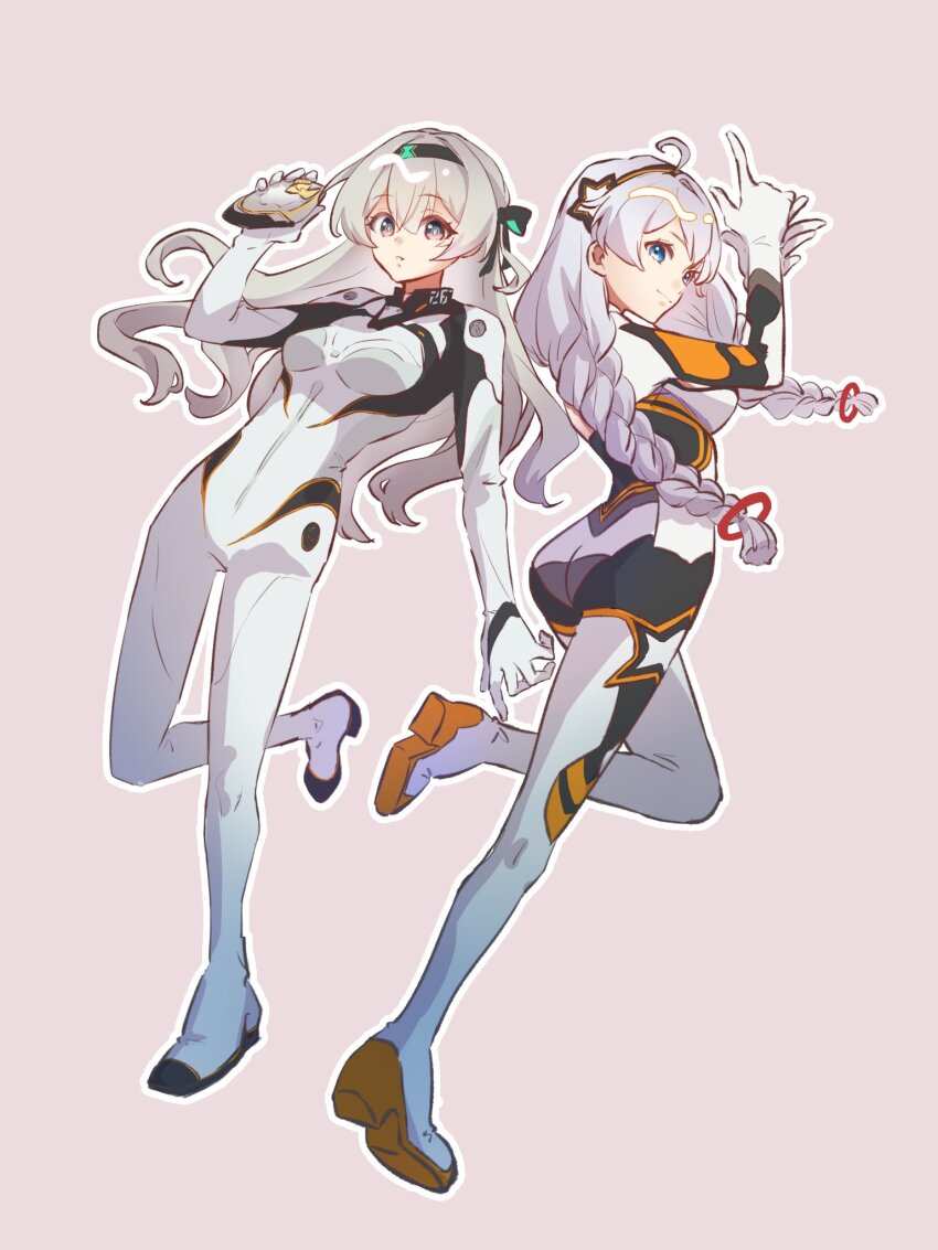2girls ahoge ass black_hairband bodysuit braid dmr_pic firefly_(ar-26710)_(honkai:_star_rail) firefly_(honkai:_star_rail) full_body grey_background grey_hair hairband hand_up highres holding honkai:_star_rail honkai_(series) honkai_impact_3rd index_finger_raised kiana_kaslana long_hair looking_at_viewer multiple_girls outline purple_eyes simple_background twin_braids very_long_hair white_outline