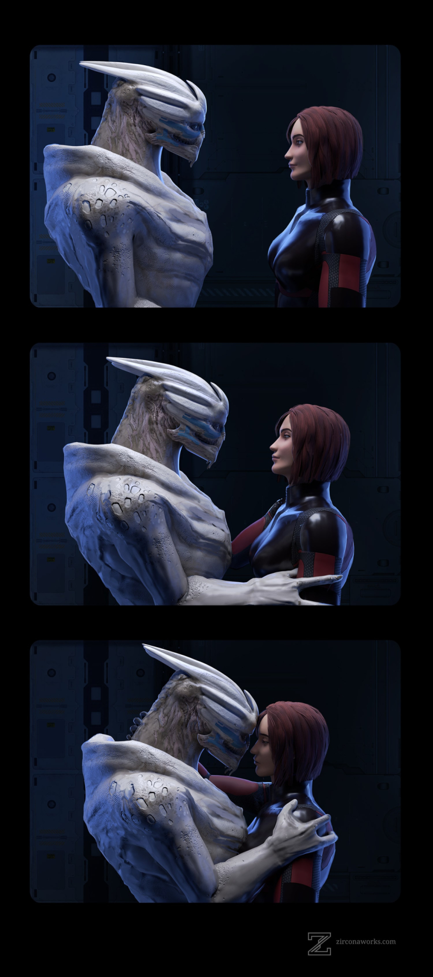 1boy 1girl absurdres alien commander_shepard commander_shepard_(female) couple fanfic fanfiction garrus_vakarian heads_together highres mass_effect_(series) nuzzle red_hair short_hair turian