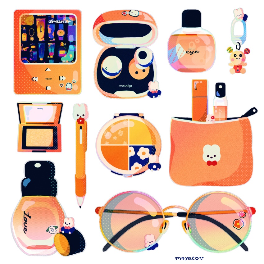 airpods artist_name bottle bow bowtie cellphone_charm charm_(object) commentary compact_(cosmetics) cosmetics creature digital_media_player earbuds earbuds_charging_case earphones highres ipod ipod_classic moyaco no_humans orange_theme original pen perfume_(cosmetics) perfume_bottle pouch signature simple_background solid_circle_eyes solid_eyes sunglasses symbol-only_commentary white_background wireless_earphones