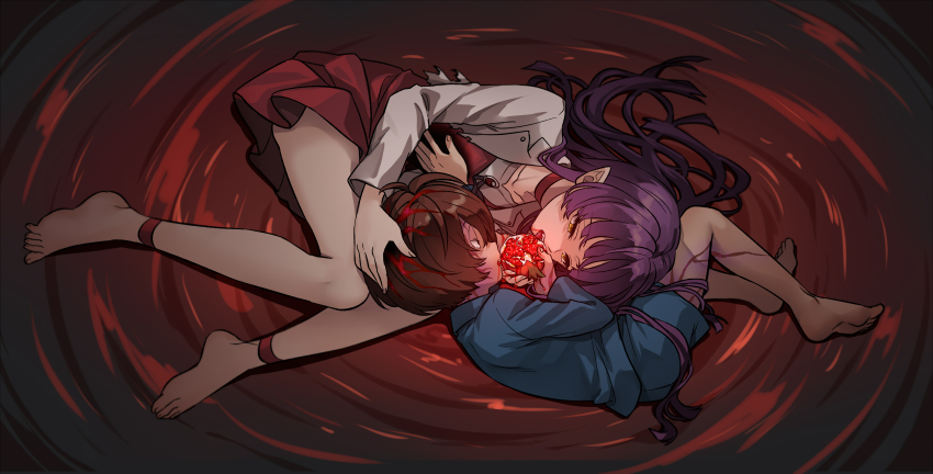 1boy 1girl absurdres bare_legs barefoot blue_shirt blue_shorts brown_hair choker collarbone dress fetal_position from_above full_body gegege_no_kitarou hair_down highres kitarou long_hair lying nekomusume nekomusume_(gegege_no_kitarou_6) on_side open_mouth pinafore_dress pink_eyes purple_hair red_choker red_dress shirt short_dress short_hair short_shorts shorts silanduqiaocui sleeveless sleeveless_dress soles straight_hair white_shirt yellow_eyes
