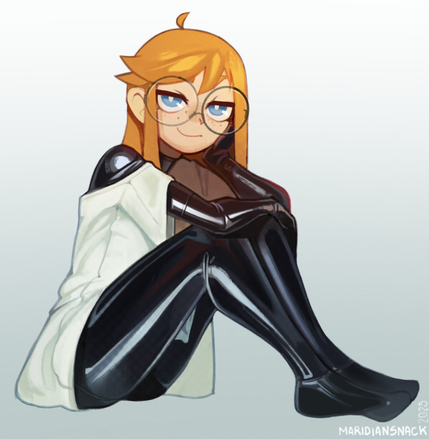 1girl ahoge black_bodysuit blue_eyes bodysuit borrowed_character commission freckles glasses highres knees_up latex latex_bodysuit long_hair looking_at_viewer maridiansnack orange_hair original oversized_clothes oversized_shirt round_eyewear shirt siri_jay sitting smile solo white_shirt