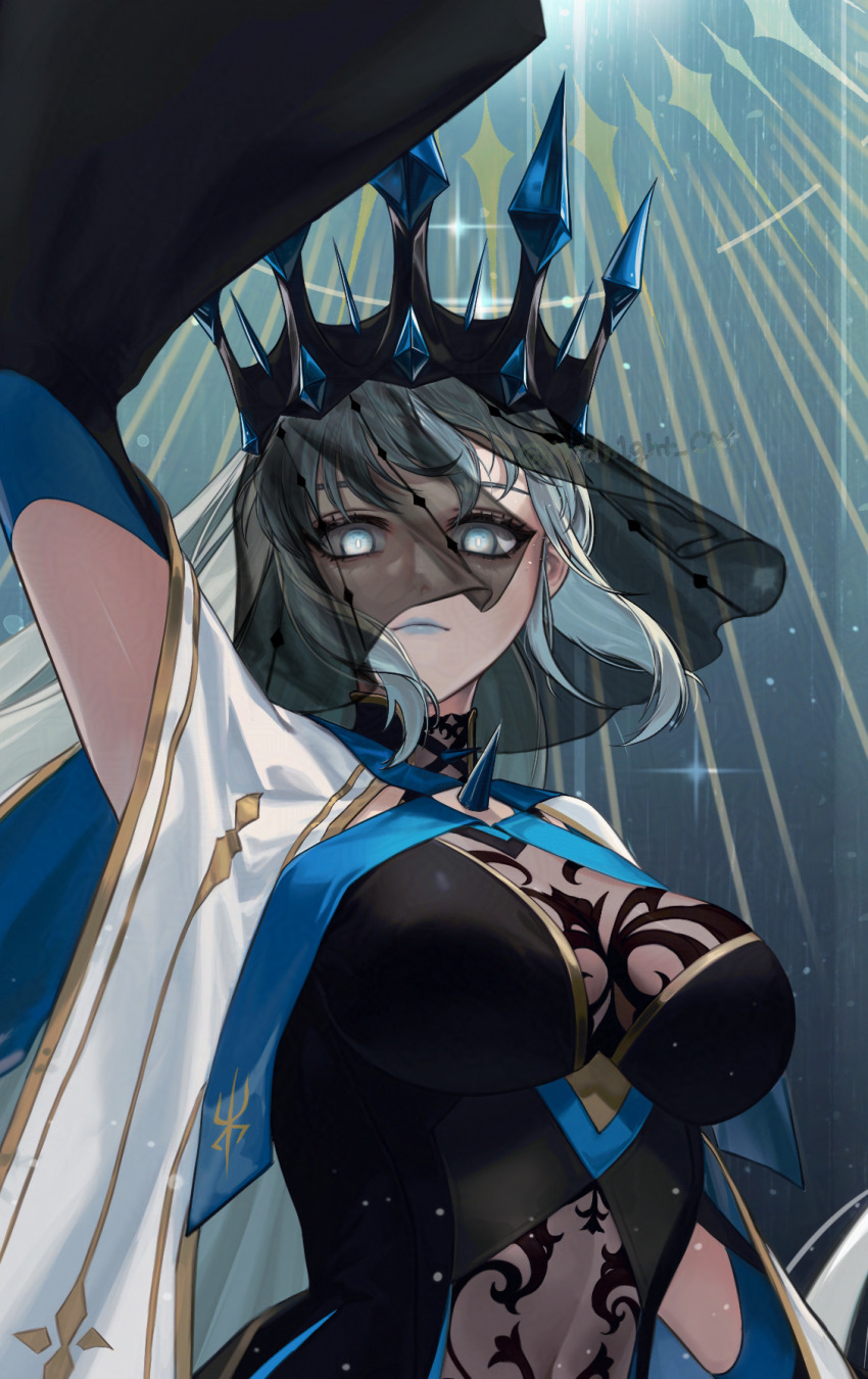 1girl absurdly_long_hair artist_name black_dress black_veil blue_gemstone blue_lips breasts chest_spike clothing_cutout cowboy_shot cropped crown dress expressionless fate/grand_order fate_(series) floating_hair gem glowing glowing_eyes gold_border halterneck highres large_breasts long_dress long_hair looking_at_viewer morgan_le_fay_(fate) morgan_le_fay_(queen_of_winter)_(fate) myoha_moon outside_border see-through_clothes sleeveless sleeveless_dress solo stomach_cutout studded veil very_long_hair white_hair wide_sleeves