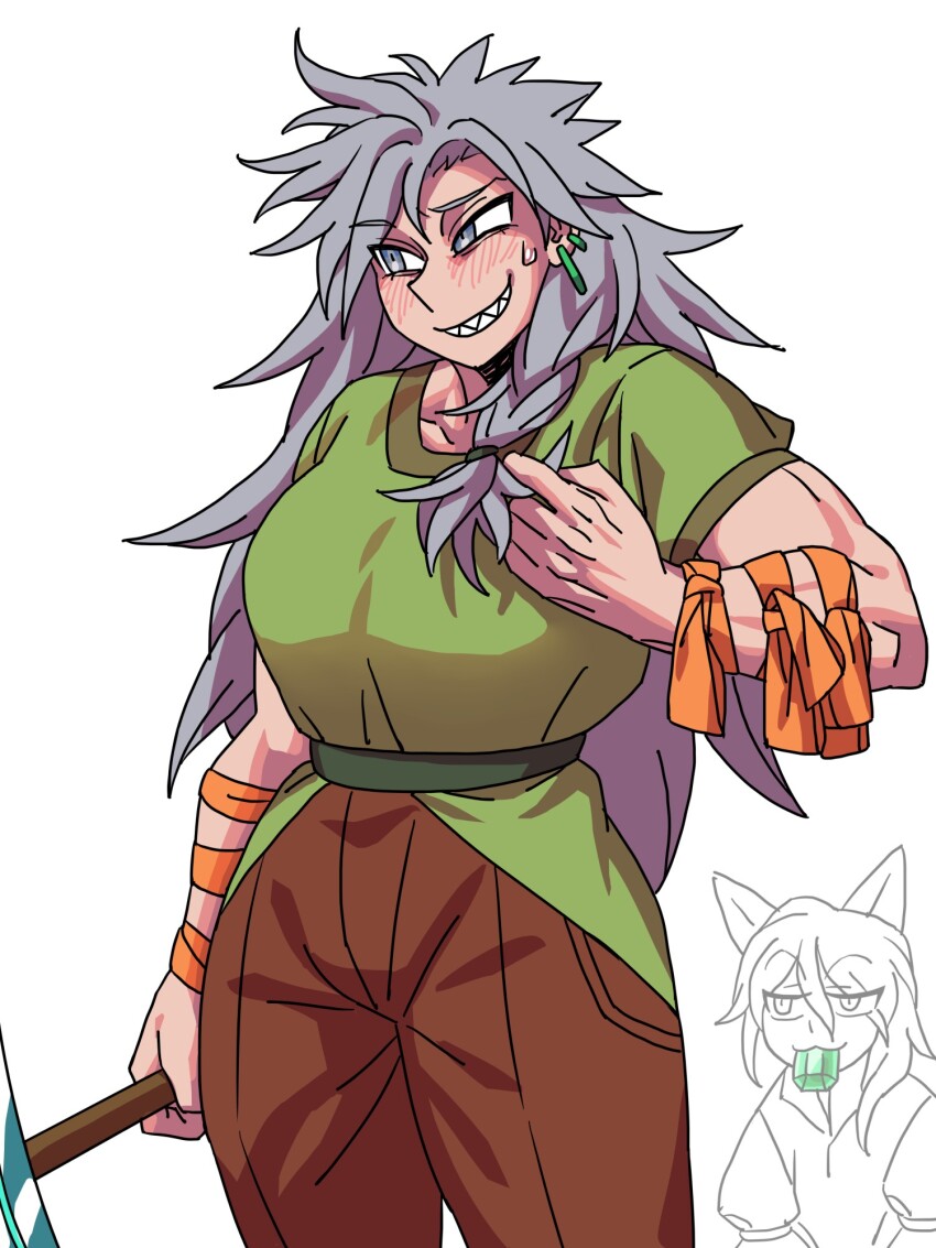 animal_ears blue_eyes blue_hair blush bow breasts commentary eddybird55555 fox_ears grey_hair grin highres himemushi_momoyo holding holding_pickaxe jewelry kudamaki_tsukasa long_hair multiple_girls orange_bow pickaxe ribbon sharp_teeth shirt short_sleeves smile sweatdrop teeth touhou unconnected_marketeers