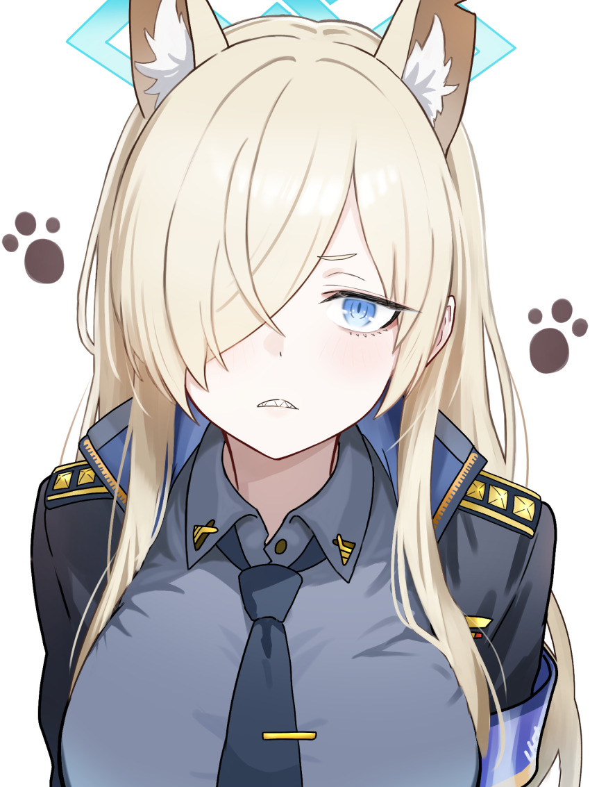 1girl animal_ears bamboo_tac blonde_hair blue_archive blue_eyes breasts dog_ears extra_ears hair_over_one_eye halo highres kanna_(blue_archive) large_breasts long_hair long_sleeves looking_at_viewer paw_print sharp_teeth solo teeth