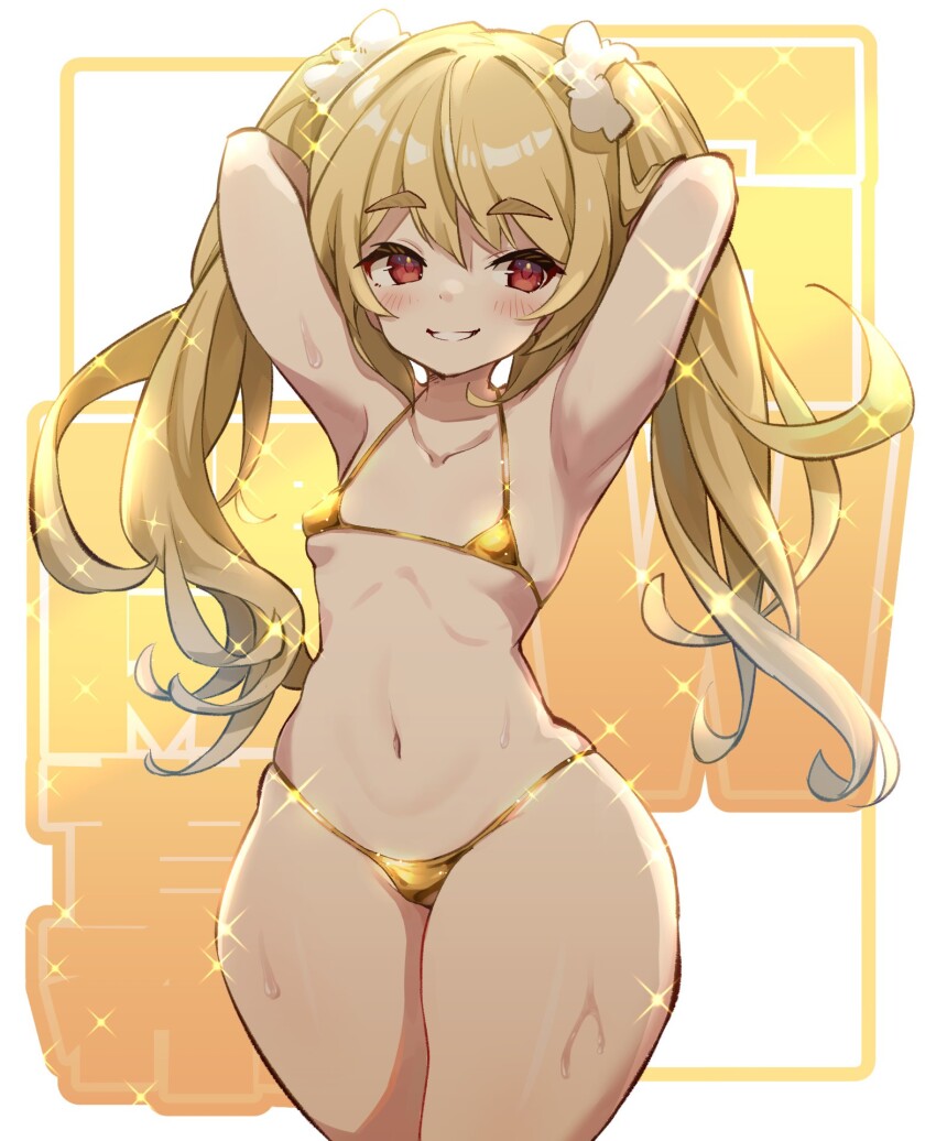 1girl armpits arms_behind_back bikini blonde_hair blush eyebrows_hidden_by_hair flat_chest gold_bikini golden_week hair_ornament hair_scrunchie highres long_hair looking_at_viewer mefuchan micro_bikini navel open_mouth original presenting_armpit red_eyes scrunchie smile solo sparkle stomach swimsuit teeth twintails wide_hips