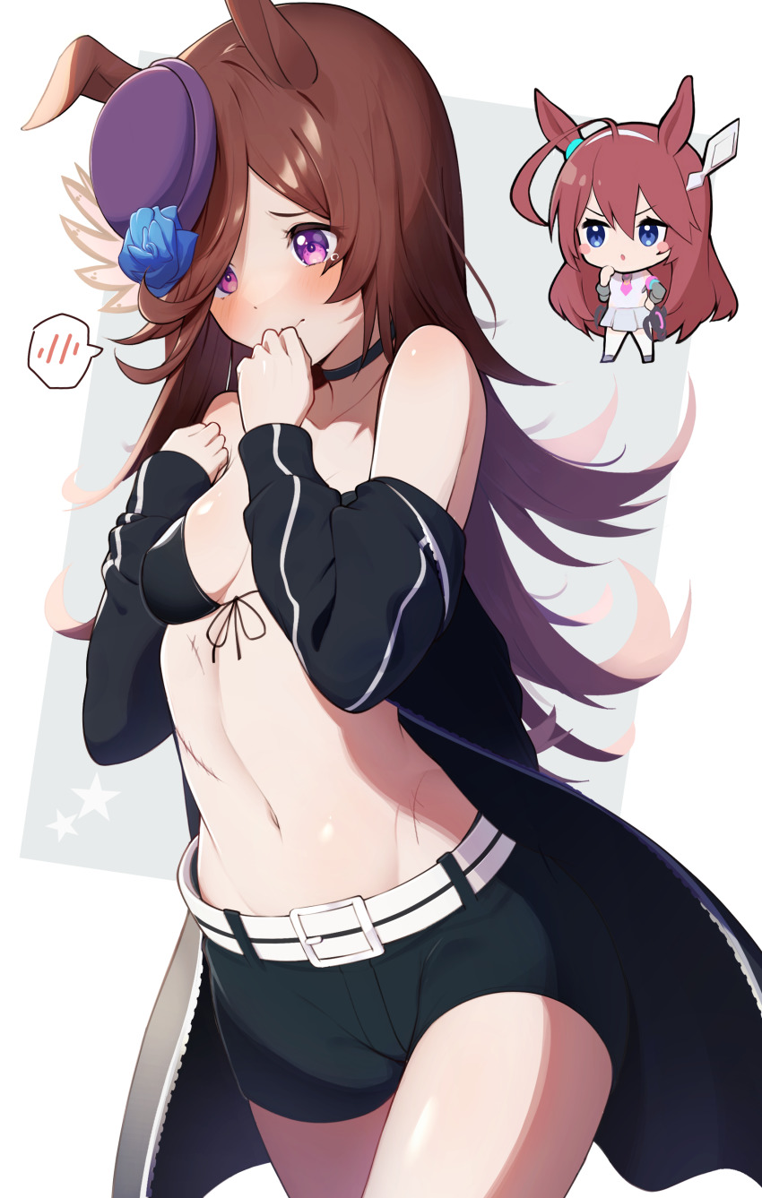 2girls absurdres ahoge bad_id bad_pixiv_id bare_shoulders bikini bikini_top_only bikini_under_clothes black_bikini black_choker black_jacket black_rock_shooter black_rock_shooter_(character) black_rock_shooter_(character)_(cosplay) black_shorts blue_eyes blue_flower blue_rose blush breasts brown_hair chibi chibi_inset choker collarbone commentary cosplay cowboy_shot flower hair_over_one_eye hat hat_flower heater highres horse_girl jacket long_hair long_sleeves looking_at_viewer medium_breasts mihono_bourbon_(umamusume) multiple_girls navel off_shoulder open_clothes open_jacket purple_eyes purple_headwear rice_shower_(umamusume) rose scar scar_on_stomach short_shorts shorts spoken_blush standing stomach swimsuit takom tears umamusume very_long_hair