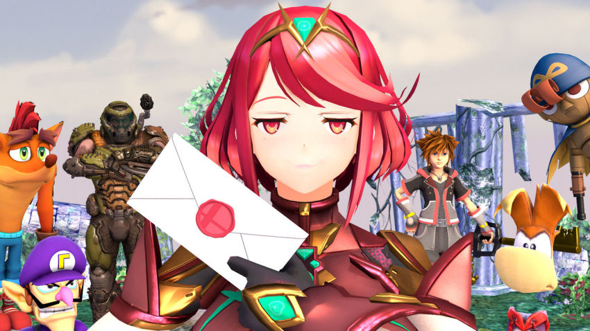 1girl 5boys angry arm_cannon crash_bandicoot crash_bandicoot_(series) doom_(series) doom_i doomguy envelope facial_hair geno_(mario) gun hat helmet kingdom_hearts looking_at_viewer mario_(series) matching_hair/eyes multiple_boys mustache nintendo puppet pyra_(xenoblade) rayman red_eyes red_hair smash_invitation smug sora_(kingdom_hearts) super_mario_rpg super_smash_bros. upset waluigi weapon xenoblade_chronicles_(series) xenoblade_chronicles_2