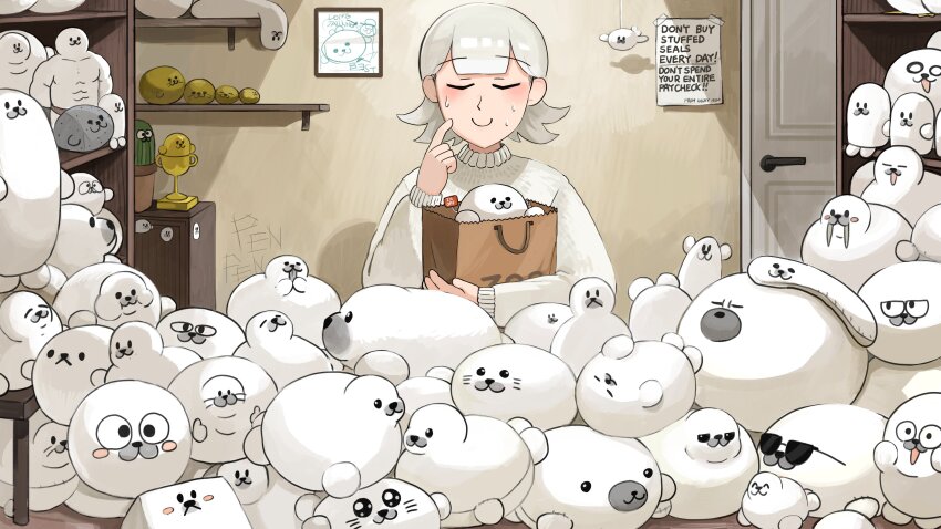 1girl absurdres bag bird closed_eyes commentary diva_(hyxpk) donut_stamp door duck english_commentary grey_hair grey_sweater highres nervous_sweating note painting_(object) paper_bag seal_keeper_(diva) shelf short_hair slice_of_life smile solo stuffed_seal sunglasses sweat sweater too_many zookeepers_(diva)