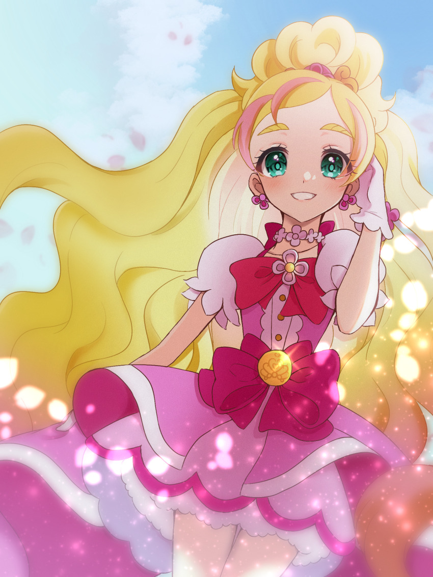 1girl blonde_hair blue_background blush bow cowboy_shot cure_flora dot_nose earrings flower flower_brooch flower_earrings flower_necklace gloves go!_princess_precure green_eyes haruno_haruka highres jewelry legs_together light_particles long_hair looking_at_viewer magical_girl multicolored_hair necklace petals petticoat pink_bow pink_hair pink_skirt precure puffy_sleeves shigen_pr skirt smile solo standing streaked_hair thick_eyebrows two-tone_hair waist_bow waist_brooch white_gloves