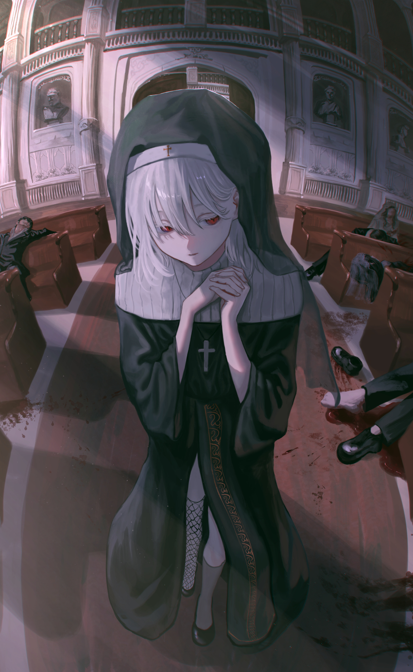absurdres asymmetrical_legwear black_dress black_socks blood blood_on_clothes blood_on_ground candle church commentary_request cross cross_necklace dress expressionless facing_viewer fishnet_socks fishnets full_body highres implied_murder jewelry kneehighs kyano_(kyanora3141) latin_cross light_particles medium_hair necklace nun original own_hands_together pew pillar red_carpet red_eyes sideways_glance socks solo_focus standing statue white_hair