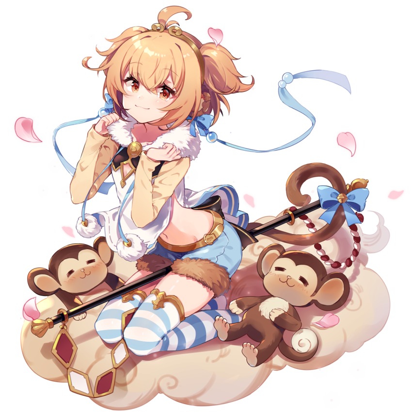 1girl :3 =_= ahoge andira_(flower_frolic)_(granblue_fantasy) andira_(granblue_fantasy) bell between_legs blonde_hair blue_bow blue_shorts blush bow brown_eyes cleavage_cutout closed_mouth clothing_cutout cloud from_side fur_trim gold_trim granblue_fantasy highres jingle_bell kneeling long_sleeves looking_at_viewer lying monkey monkey_tail navel on_back petals sharlorc short_twintails shorts staff striped_clothes striped_thighhighs tail tail_bell tail_bow tail_ornament thighhighs twintails white_background