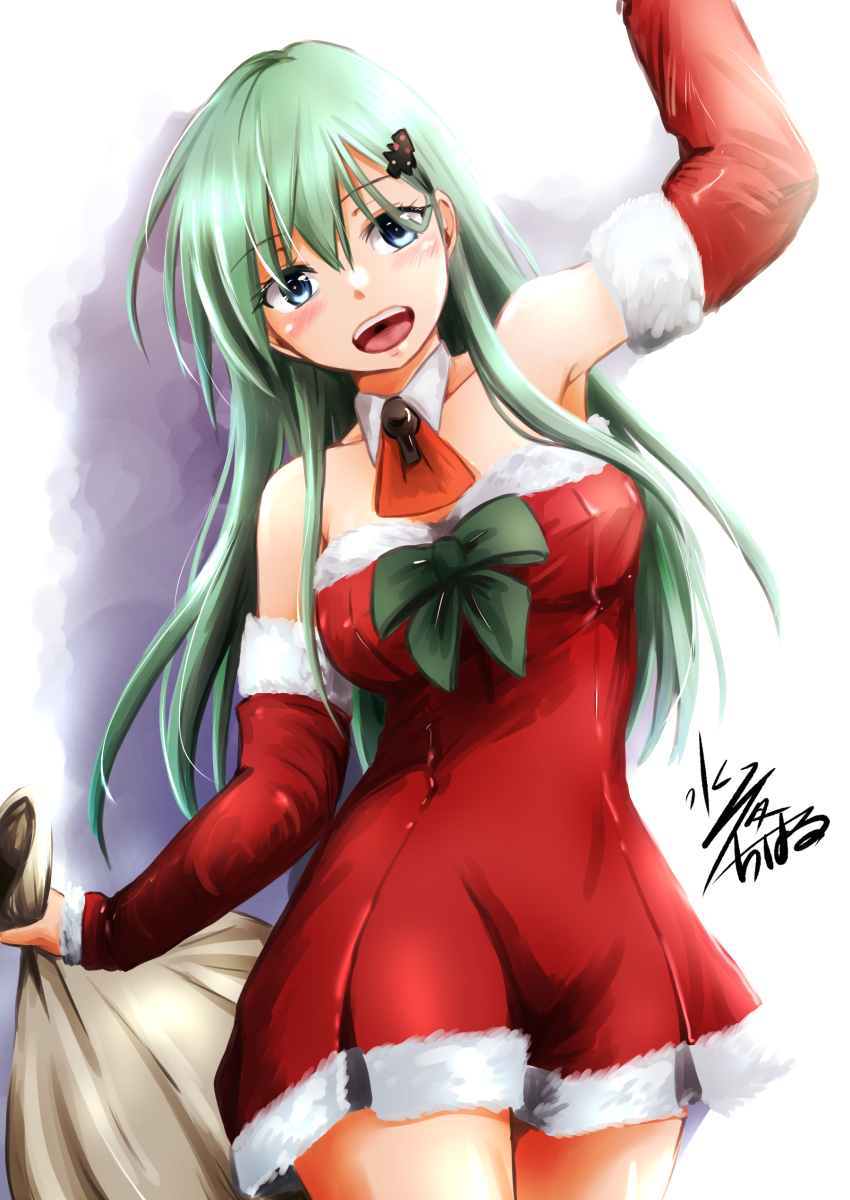 1girl absurdres ascot bow breasts christmas_tree_hair_ornament detached_sleeves dress fur-trimmed_dress fur-trimmed_sleeves fur_trim green_bow green_eyes green_hair hair_ornament highres kantai_collection large_breasts mizuya_chiharu official_alternate_costume open_mouth orange_ascot red_dress sack signature smile solo suzuya_(christmas)_(kancolle) suzuya_(kancolle) teeth upper_teeth_only
