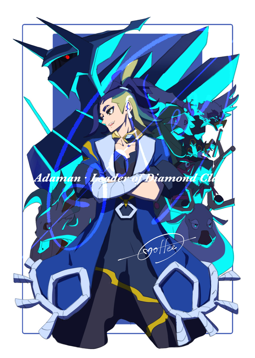 1boy absurdres adaman_(pokemon) bandaged_arm bandages basculegion blue_background blue_coat blue_hair border brown_eyes cccacademia character_name coat collarbone crossed_arms dialga earrings eyebrow_cut gen_4_pokemon highres hisuian_braviary hisuian_lilligant jewelry leafeon legendary_pokemon looking_to_the_side male_focus mixed-language_commentary neck_ring nintendo open_mouth pokemon pokemon_(creature) pokemon_legends:_arceus ponytail signature smile teeth upper_teeth_only white_border wyrdeer