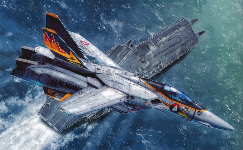 1980s_(style) 1boy absurdres aircraft aircraft_carrier airplane choujikuu_yousai_macross cockpit flying helmet highres jet macross mecha military military_vehicle non-web_source ocean official_art oldschool pilot_suit prometheus_(ship) realistic retro_artstyle robot scan science_fiction ship tenjin_hidetaka u.n._spacy vehicle_focus vf-1 vf-1a warship water watercraft