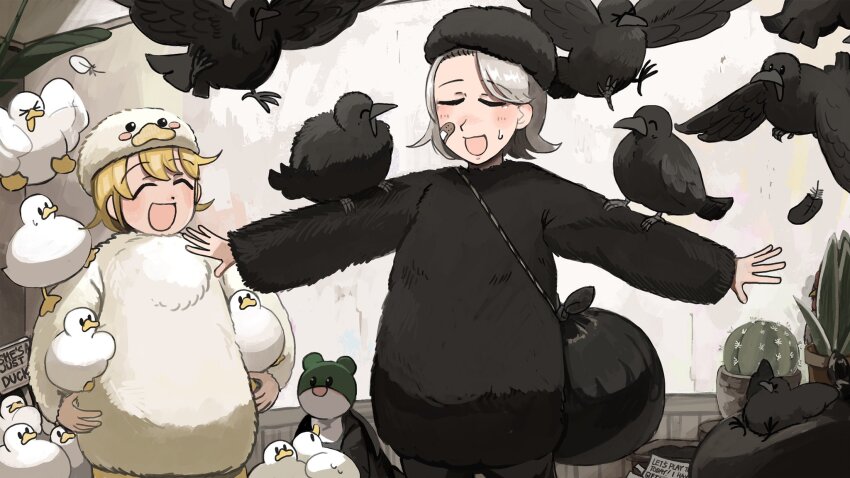 2girls :d bandaid bandaid_on_face bird black_hat blonde_hair cactus chicken closed_eyes clumsy_nun_(diva) commentary crow crow_costume diva_(hyxpk) duck duck_costume duck_hat english_commentary feathers grey_hair hat highres leaf_nun_(diva) little_nuns_(diva) multiple_girls open_mouth short_hair smile