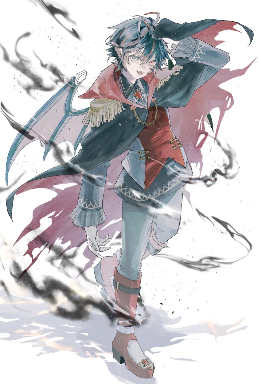 1boy bad_tag bat_wings black_hair blue_eyes boots buckle chain cloak epaulettes frilled_sleeves frills full_body heterochromia highres indie_virtual_youtuber long_sleeves platform_boots pointy_ears red_eyes red_highlight romni_ha seno_ruki smoke solo wings