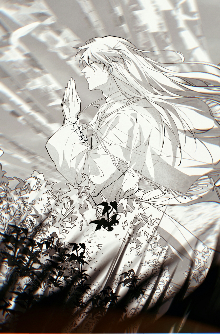 1boy absurdres beads bracelet bucichijuezhuhuanghun121114 capelet closed_eyes floating_clothes floating_hair flower fringe-trimmed_capelet fringe_trim from_side greyscale hair_between_eyes hands_up highres jewelry long_hair long_sleeves male_focus monochrome own_hands_together parted_lips prayer_beads praying profile puffy_sleeves saint_seiya solo upper_body virgo_shaka wind