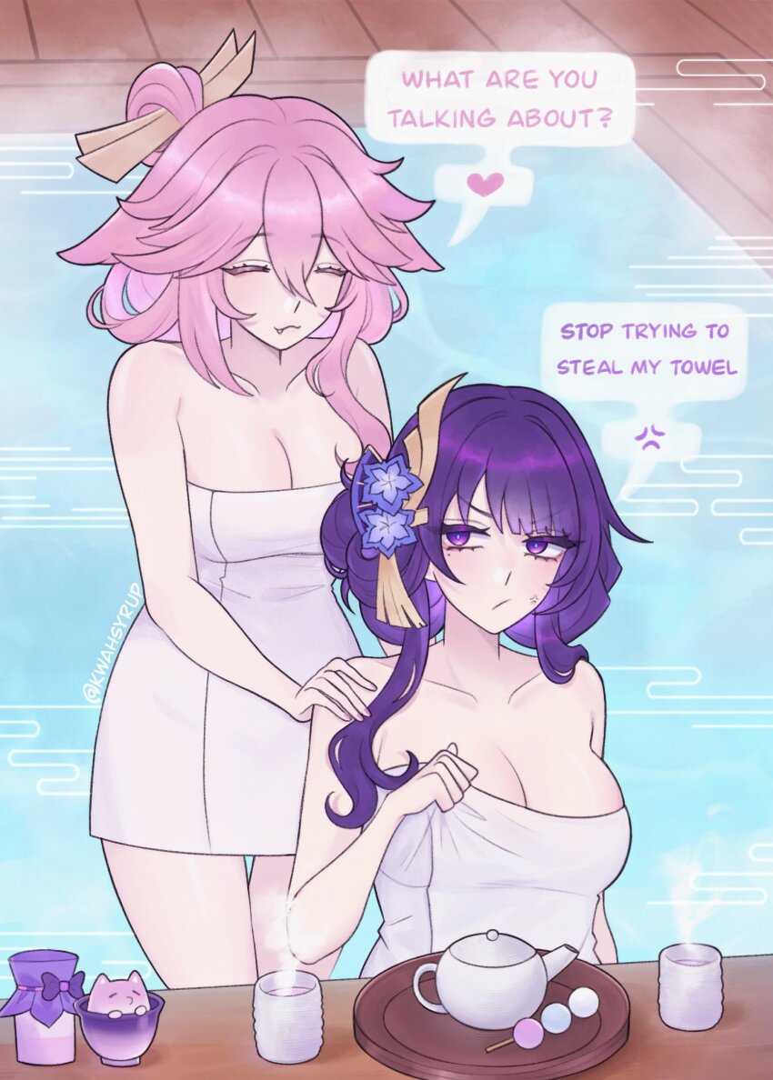 2girls anger_vein bath breasts cleavage closed_eyes commentary cup dango english_commentary english_text fang food genshin_impact hair_bun hair_ornament hair_stick heart highres kwahsyrup multiple_girls naked_towel pink_hair purple_eyes purple_hair raiden_shogun spoken_anger_vein spoken_heart teacup teapot towel wagashi water yae_miko