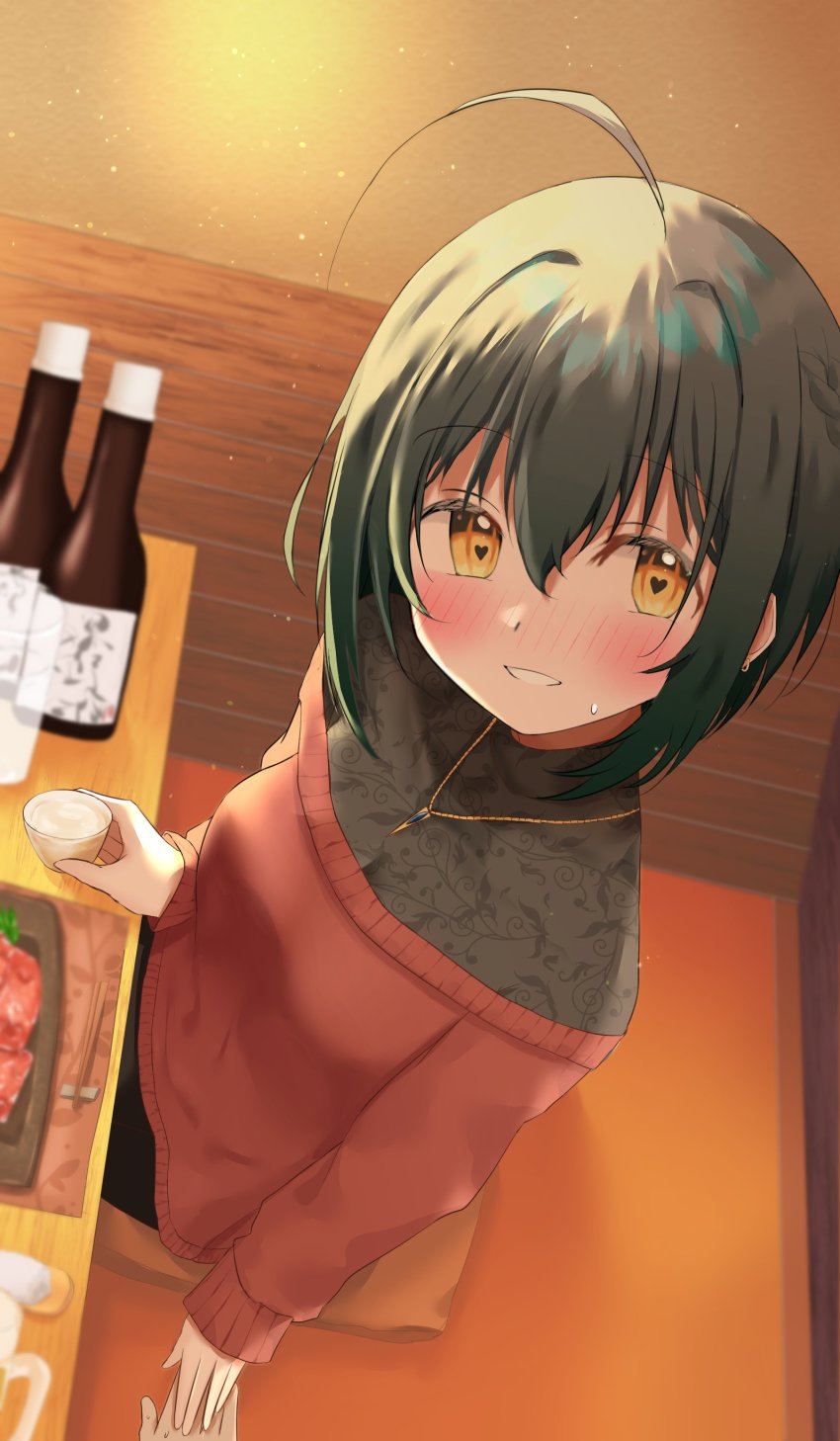1girl :d absurdres ahoge alcohol ashinagi_(bijutu1) black_hair blush drunk dutch_angle hair_between_eyes hand_on_another&#039;s_hand heart heart-shaped_pupils hetero highres idolmaster idolmaster_cinderella_girls indoors jewelry kohinata_miho looking_at_viewer necklace aged_up open_mouth pov pov_hands red_sweater restaurant sake smile solo sweat sweater symbol-shaped_pupils
