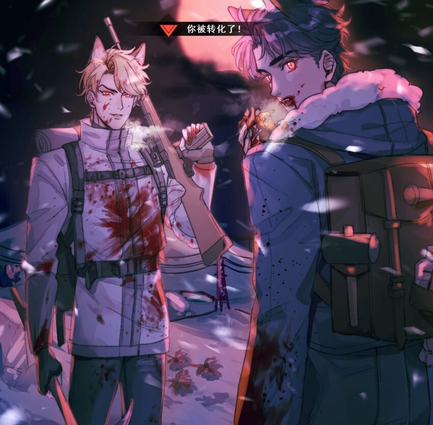 2boys animal_ears backpack bag blonde_hair blood blood_on_clothes blood_on_face blood_on_hands blue_hair breath coat commentary_request dio_brando evil_smile fur_trim gun hako_iix07 heart_(organ) holding holding_heart_(organ) holding_organ holding_pickaxe holding_weapon hood hood_down jojo_no_kimyou_na_bouken jonathan_joestar long_sleeves looking_at_viewer male_focus multiple_boys night open_mouth outdoors pants parted_lips phantom_blood pickaxe red_eyes short_hair smile weapon winter winter_clothes winter_coat