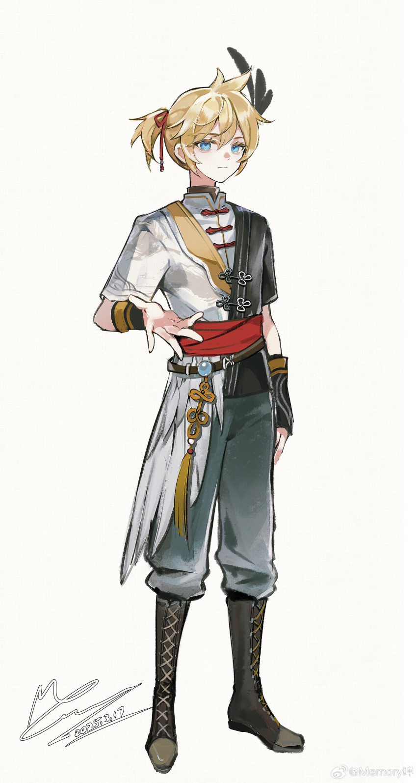 1boy absurdres belt black_belt black_boots black_pants black_ribbon black_shirt blonde_hair blue_eyes boots bracer chinese_clothes chinese_commentary closed_mouth collared_shirt commentary_request dated expressionless eyelashes feather_hair_ornament feathers flower_knot full_body grey_pants hair_between_eyes hair_ornament hair_ribbon high_collar highres kagamine_len knee_boots lace-up_boots looking_at_viewer loose_hair_strand male_focus memory_mie offering_hand outstretched_hand pants ponytail red_ribbon red_sash ribbon sash shirt short_hair short_ponytail short_sleeves signature simple_background solo standing tangzhuang tassel two-tone_shirt undershirt vocaloid waist_sash watermark weibo_watermark white_background white_ribbon white_shirt yellow_ribbon
