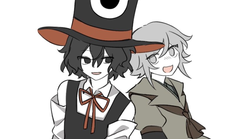 2others androgynous ascot bare_shoulders black_coat black_eyes black_hair black_headwear black_sleeves blush bow bowtie brown_ascot brown_coat brown_sleeves chinese_commentary coat collared_coat collared_shirt commentary_request detached_sleeves enraku_tsubakura eye_of_senri flat_color grey_eyes grey_hair hat houlen_yabusame japanese_clothes jinbei_(clothes) layered_sleeves len&#039;en long_sleeves looking_at_viewer multiple_others open_mouth other_focus parody puffy_short_sleeves puffy_sleeves red_bow red_bowtie red_headwear shirt short_hair short_over_long_sleeves short_sleeves simple_background sleeveless sleeveless_coat sleeveless_shirt smile top_hat two-sided_fabric two-sided_headwear upper_body white_background white_shirt white_sleeves xiao_ganju_nailuo