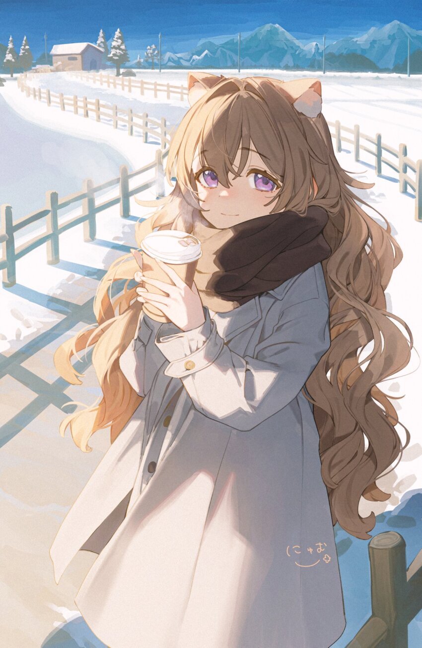 1girl animal_ear_fluff animal_ears brown_hair brown_scarf cat_ears coat commentary cup disposable_coffee_cup disposable_cup double-parted_bangs hair_between_eyes hair_intakes highres holding holding_cup light_blush long_hair looking_at_viewer nyum original outdoors purple_eyes scarf sidelocks signature snow solo symbol-only_commentary wavy_hair white_coat