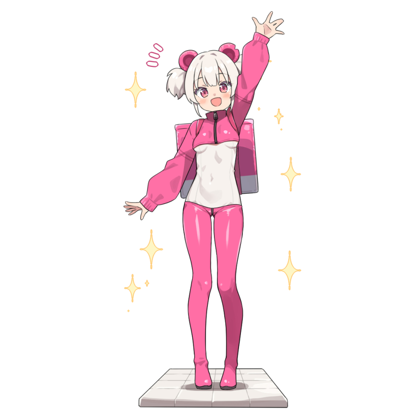 1girl :d animal_ears arm_up backpack bag blush boots breasts commentary_request covered_navel cropped_jacket full_body grey_hair hatsunatsu jacket leotard leotard_under_clothes long_sleeves looking_at_viewer lowleg lowleg_pants notice_lines open_mouth original pants pink_boots pink_jacket pink_pants puffy_long_sleeves puffy_sleeves red_eyes simple_background small_breasts smile solo sparkle standing thigh_boots twintails white_background white_leotard
