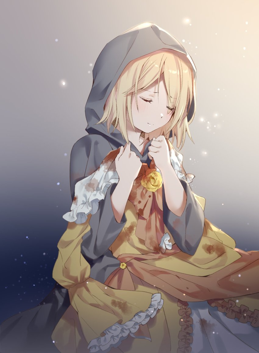 1girl blonde_hair blood blood_on_clothes cloak closed_eyes dress dress_flower evillious_nendaiki female_focus flower frilled_dress frilled_sleeves frills grey_cloak hands_on_own_chest highres hmniao holding holding_unworn_clothes holding_unworn_dress hood hooded_cloak kagamine_rin light_particles mourning orange_ribbon regret_message_(vocaloid) ribbon riliane_lucifen_d&#039;autriche short_hair solo unworn_dress vocaloid yellow_dress