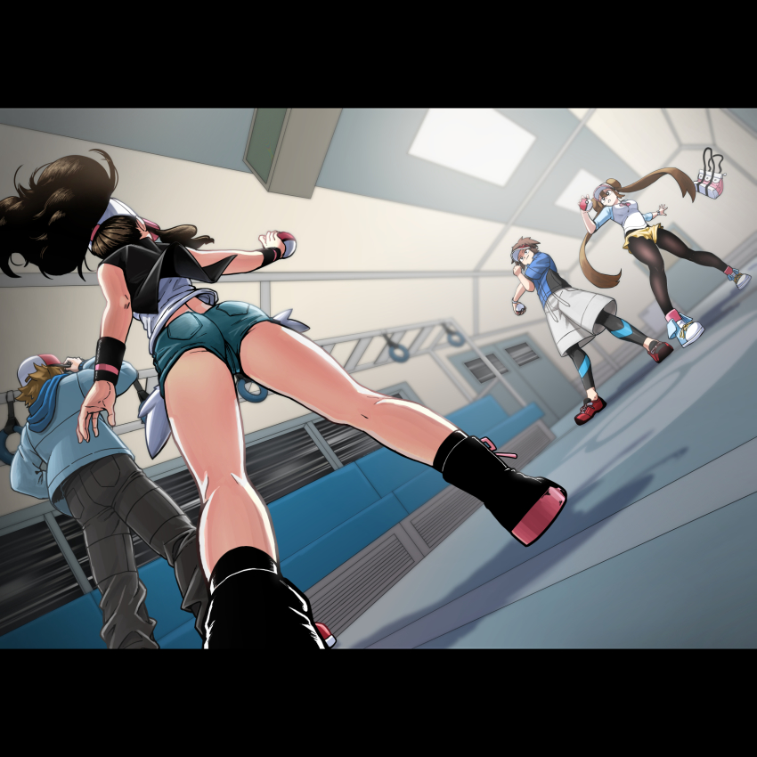 2boys 2girls ass bare_legs baseball_cap black_vest blue_jacket blurry bodysuit bodysuit_under_clothes boots brown_hair commentary double_bun hair_bun hat heydove high_ponytail highres hilbert_(pokemon) hilda_(pokemon) holding holding_poke_ball jacket legs_apart letterboxed long_hair long_sleeves looking_at_another multiple_boys multiple_girls nate_(pokemon) nintendo pantyhose pantyhose_under_shorts poke_ball poke_ball_(basic) pokemon pokemon_bw pokemon_bw2 ponytail raglan_sleeves rosa_(pokemon) shiny_skin shirt shoes short_shorts shorts sidelocks sleeveless sleeveless_shirt sneakers standing stretching teamwork train_interior twintails very_long_hair vest visor_cap white_shirt wide_hips wristband yellow_shorts