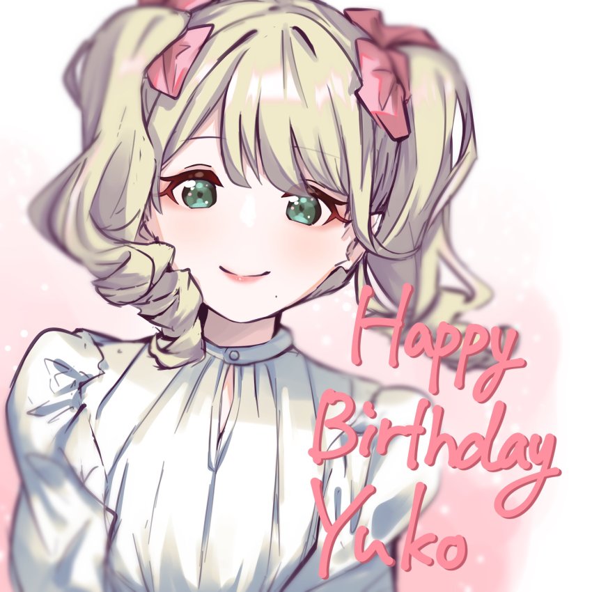 1girl assault_lily blonde_hair blurry bow character_name closed_mouth commentary_request depth_of_field drill_hair gradient_background green_eyes hair_bow happy_birthday highres houji_tea_latte long_sleeves looking_at_viewer medium_hair mole mole_under_mouth narumi_clara_yuuko pink_background pink_bow shirt smile solo twin_drills twintails upper_body white_background white_shirt