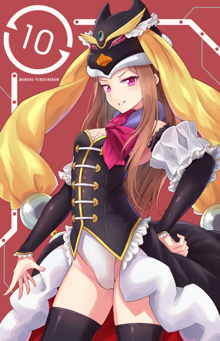 1girl absurdres animal_hat black_hat black_sleeves black_thighhighs breasts brown_hair bustier cleavage copyright_name cowboy_shot detached_sleeves grin hand_on_own_hip hat highres komashiro_n leotard long_hair long_sleeves mawaru_penguindrum princess_of_the_crystal red_eyes shiny_clothes shiny_legwear small_breasts smile solo standing takakura_himari thighhighs very_long_hair white_leotard