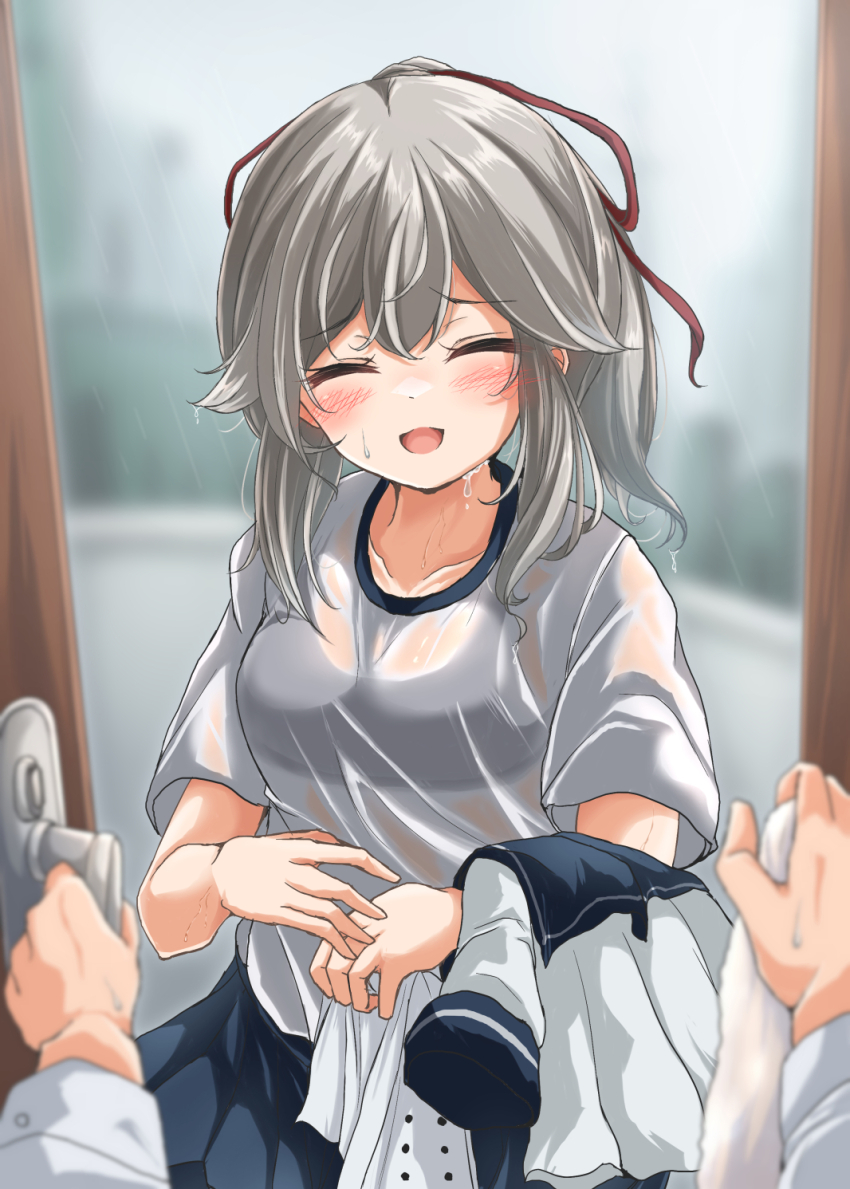 1boy 1girl blue_sailor_collar blue_skirt bra_visible_through_clothes closed_eyes commentary_request cowboy_shot facing_viewer grey_hair hair_ribbon highres kantai_collection kasashi_(kasasi008) long_hair pleated_skirt ponytail pov ribbon sailor_collar sailor_shirt shirt sidelocks skirt solo_focus sports_bra_visible_through_clothes t-shirt unworn_shirt usugumo_(kancolle) white_shirt