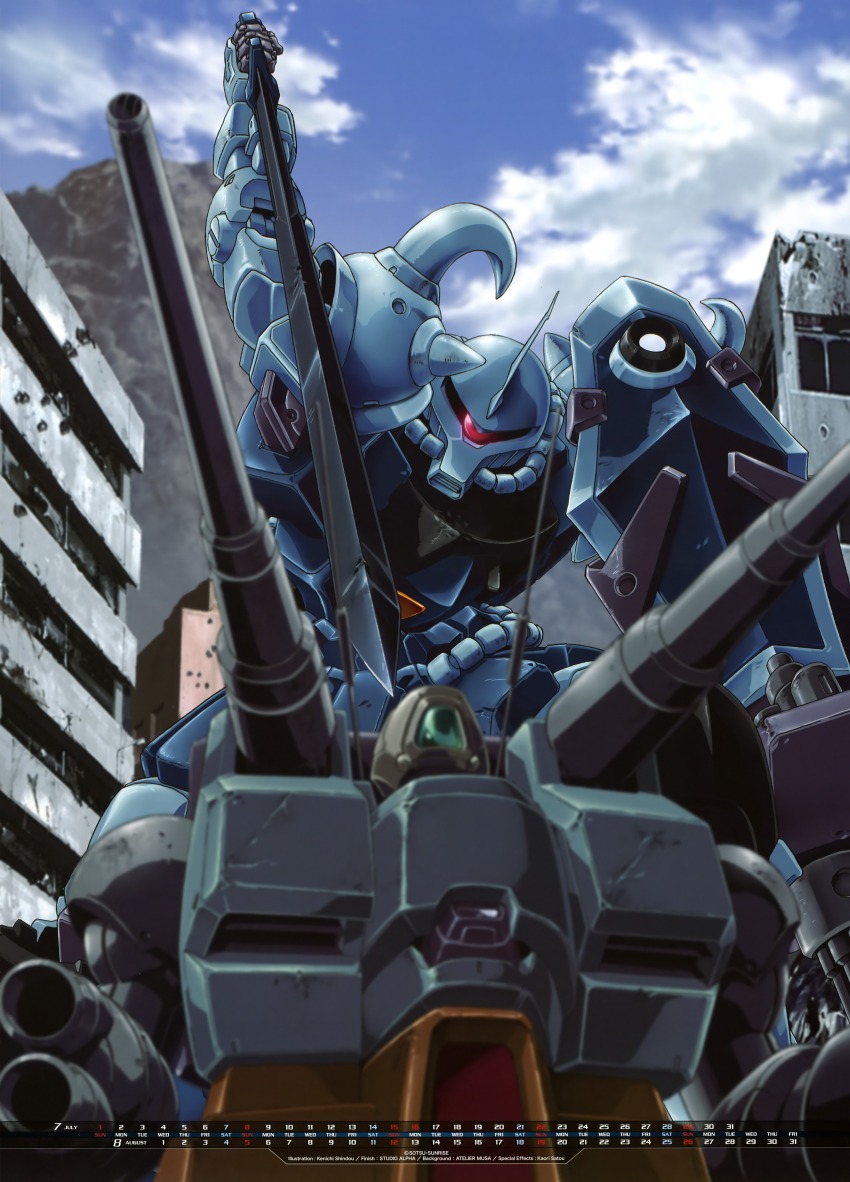 1990s_(style) absurdres ambush artist_name battle blurry blurry_foreground cable calendar_(medium) cannon cloud cloudy_sky company_name copyright_notice dirty earth_federation gouf gouf_custom gundam gundam_08th_ms_team guntank guntank_mass_production_type highres imminent_death machinery mecha mecha_focus mobile_suit official_art one-eyed promotional_art realistic red_eyes retro_artstyle robot scan scene_reference science_fiction shindou_kenichi sky sword traditional_media weapon zeon