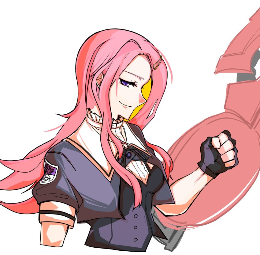 1girl arm_at_side assault_lily black_gloves black_shirt breasts closed_mouth commentary cropped_arms cropped_jacket cropped_torso fingerless_gloves from_side gloves hair_ornament hairclip hand_up highres holding holding_weapon kiko_totori kurokuazu long_hair looking_ahead medium_breasts parted_bangs pink_hair profile puffy_short_sleeves puffy_sleeves purple_eyes school_uniform shirt short_sleeves sidelocks smile solo symbol-only_commentary two-tone_shirt upper_body weapon white_shirt yurigaoka_girls_academy_school_uniform
