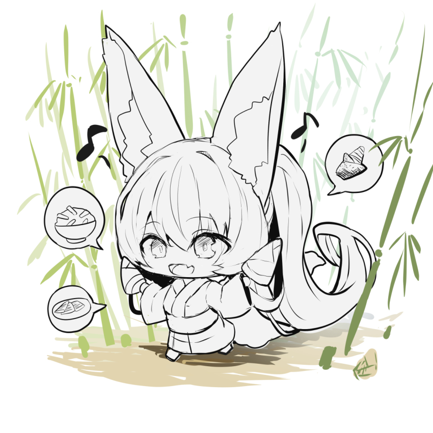 1girl :d absurdly_long_hair animal_ear_fluff animal_ears bamboo bamboo_shoot barefoot commentary_request eighth_note fang food_request fox_ears fox_girl fox_tail greyscale_with_colored_background hair_between_eyes highres holding japanese_clothes kimono long_hair long_sleeves musical_note obi open_mouth original ponytail running sash smile solo spoken_food tail very_long_hair white_background wide_sleeves yuuji_(yukimimi)