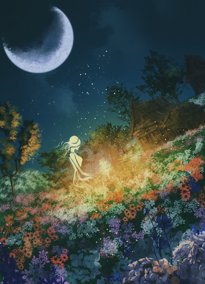 1girl commentary elden_ring elden_ring:_shadow_of_the_erdtree english_commentary field flower flower_field glowing glowing_tree highres hut in-universe_location moon night night_sky queen_marika_the_eternal sky solo tree yujia0412