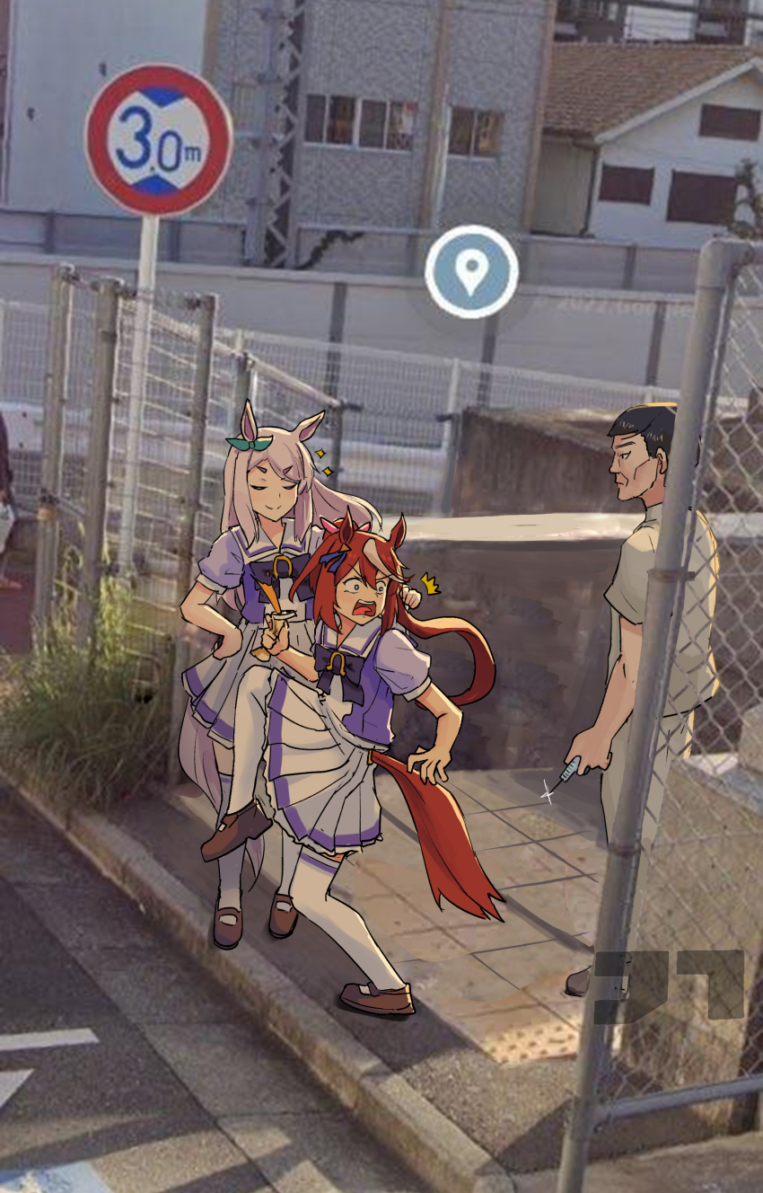 1boy 2girls ^^^ absurdres animal_ears artist_logo black_hair bow bowtie brown_footwear brown_hair closed_mouth clothes_grab clothing_cutout cup glint high_school_girls_posing_for_google_street_view_(meme) highres holding holding_cup holding_syringe horse_ears horse_girl horse_tail jtleeklm logo long_hair mejiro_family_doctor mejiro_mcqueen_(umamusume) meme multicolored_hair multiple_girls open_mouth outdoors pants photo_background ponytail purple_hair purple_shirt sailor_collar school_uniform shirt shirt_grab shoes short_hair short_sleeves skirt smile sparkle standing standing_on_one_leg streaked_hair syringe tail tail_through_clothes thighhighs tokai_teio_(umamusume) tracen_school_uniform umamusume very_short_hair watermark white_pants white_skirt white_thighhighs