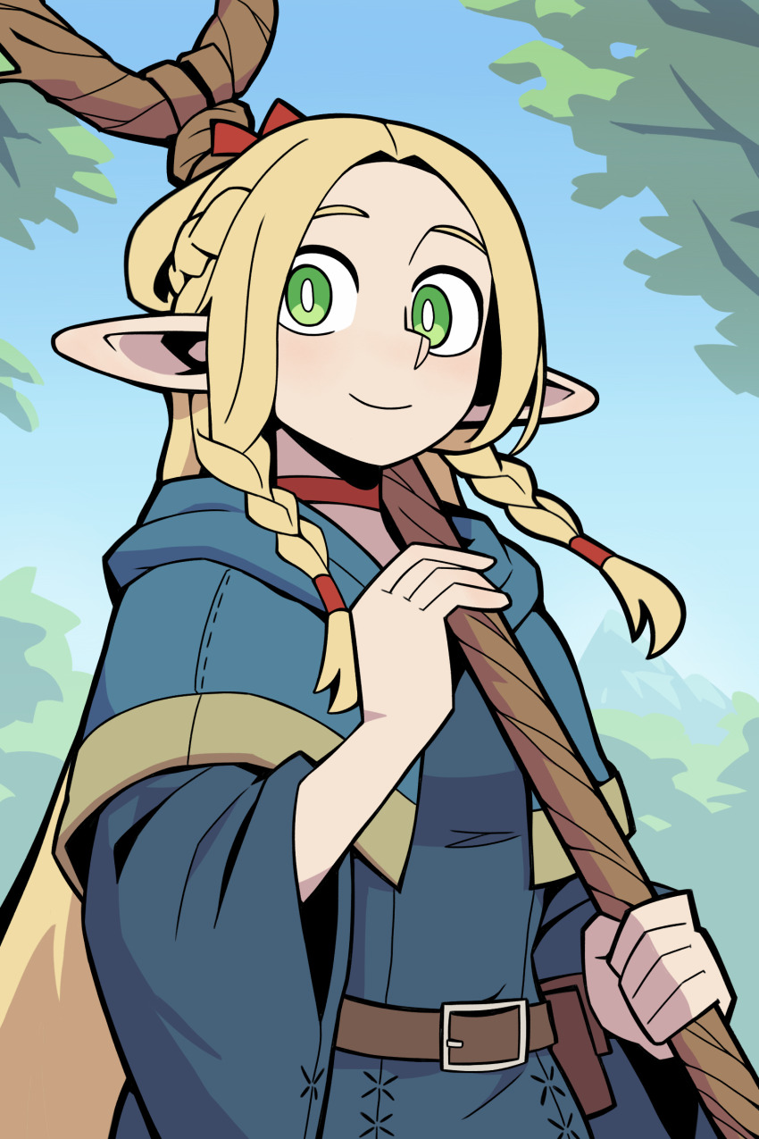 1girl absurdres bean52623818 blonde_hair bow bright_pupils day dungeon_meshi elf green_eyes hair_bow highres holding holding_staff long_hair long_sleeves marcille_donato outdoors pointy_ears red_bow solo staff white_pupils