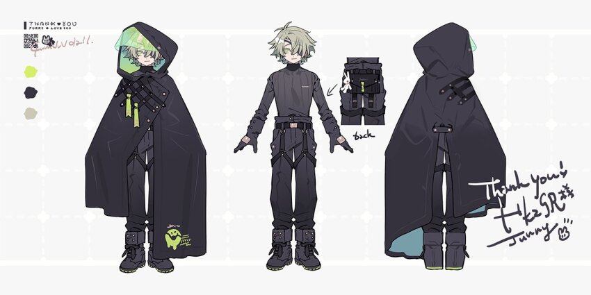 1boy arin_(fanfan013) arrow_(symbol) belt belt_buckle black_belt black_cloak black_footwear black_gloves black_pants black_shirt boots buckle reference_sheet cloak closed_mouth color_guide commentary_request commission eyepatch from_behind gloves green_eyes green_hair green_hood grey_background hair_over_one_eye hood hood_up hooded_cloak looking_at_viewer multiple_views original pants qr_code second-party_source shirt short_hair simple_background skeb_commission smile standing straight-on stuffed_animal stuffed_rabbit stuffed_toy thank_you turtleneck turtleneck_shirt two-sided_hood