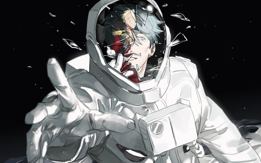 2boys bbbb_fex blonde_hair broken_helmet challia_bull char_aznable crying epaulettes facial_hair grey_hair gundam gundam_gquuuuuux helmet high_collar highres jacket long_sleeves male_focus military_jacket military_uniform multiple_boys mustache open_mouth outstretched_hand reaching reaching_towards_viewer red_jacket reflection shattered short_hair smile space space_helmet spacesuit upper_body