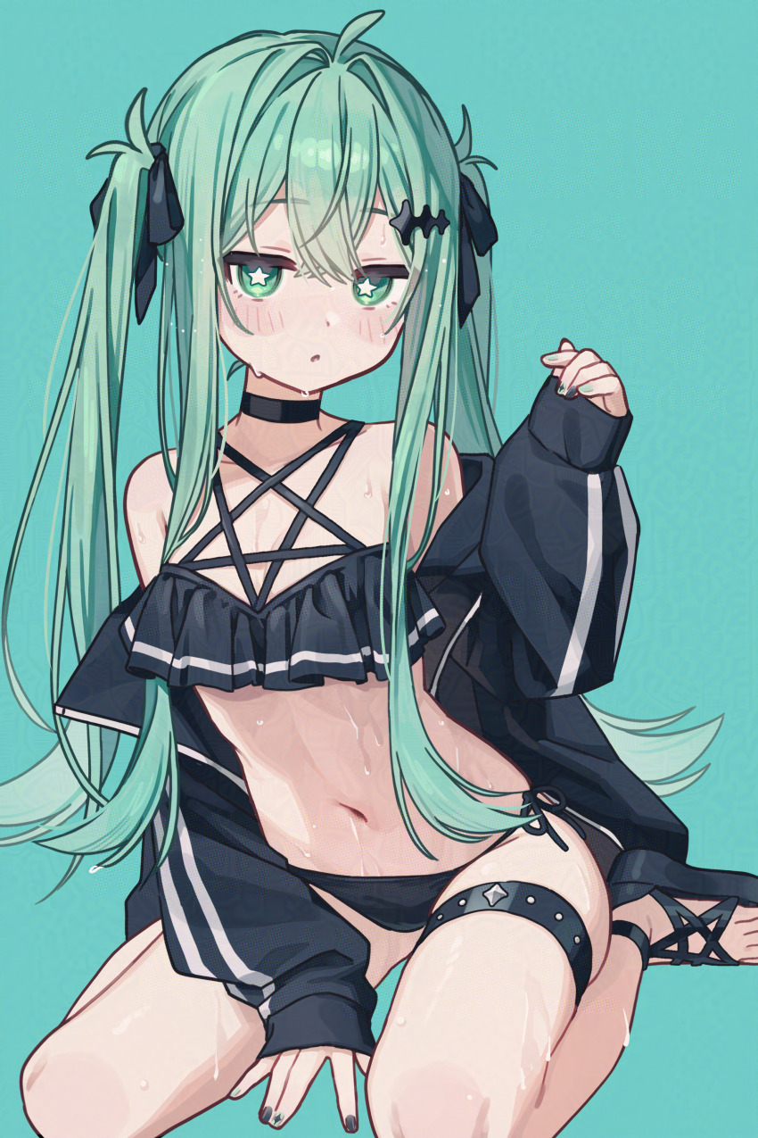 1girl absurdres ahoge aqua_background between_legs bikini black_bikini black_choker black_jacket black_ribbon black_shoes choker flipped_hair frilled_bikini frills full_body green_eyes green_hair hair_intakes hair_ribbon hand_between_legs highres jacket long_hair long_sidelocks looking_at_viewer namin_(anjpzaobmhbppxs) nanase_(namin) navel open_clothes open_jacket original parted_lips pentagram ribbon sandals shoes side-tie_bikini_bottom sidelocks simple_background sitting sleeves_past_wrists solo sparkle_hair_ornament star-shaped_pupils star_(symbol) swimsuit symbol-shaped_pupils toes twintails very_long_hair wariza wet